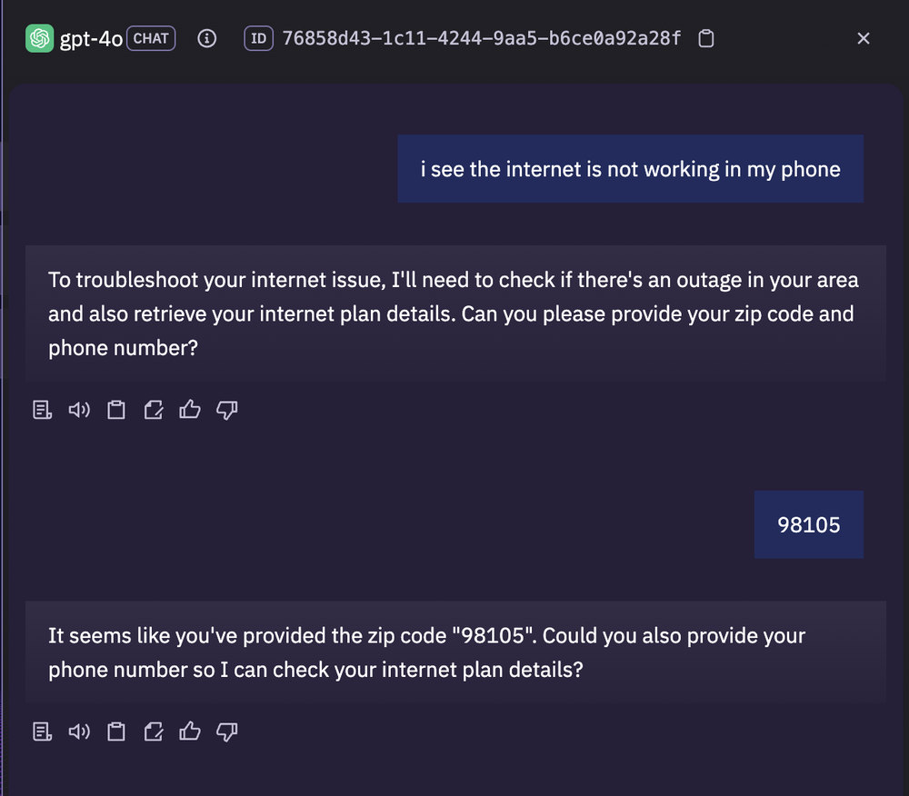 A chat: the user reports no internet, the agent asks for a zip code and a phone number, the user sends the zip code, the agent asks for the phone number again.